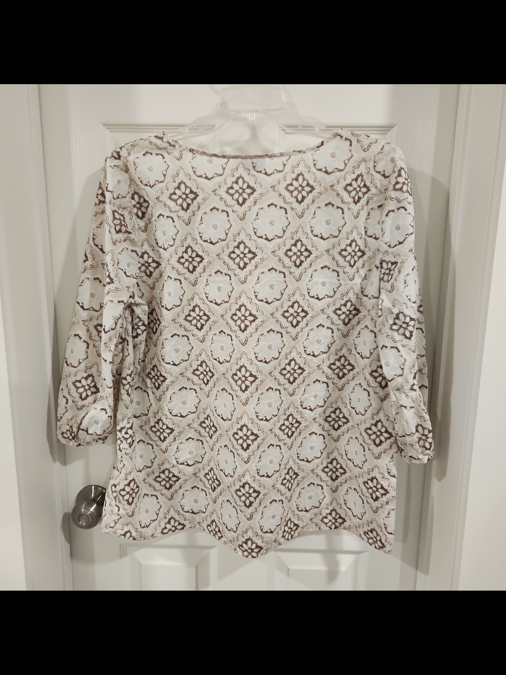 J. Jill Cream Brown Medallion Print Tassel Tie Pintuck Cotton Tunic Blouse Large - Picture 4 of 7